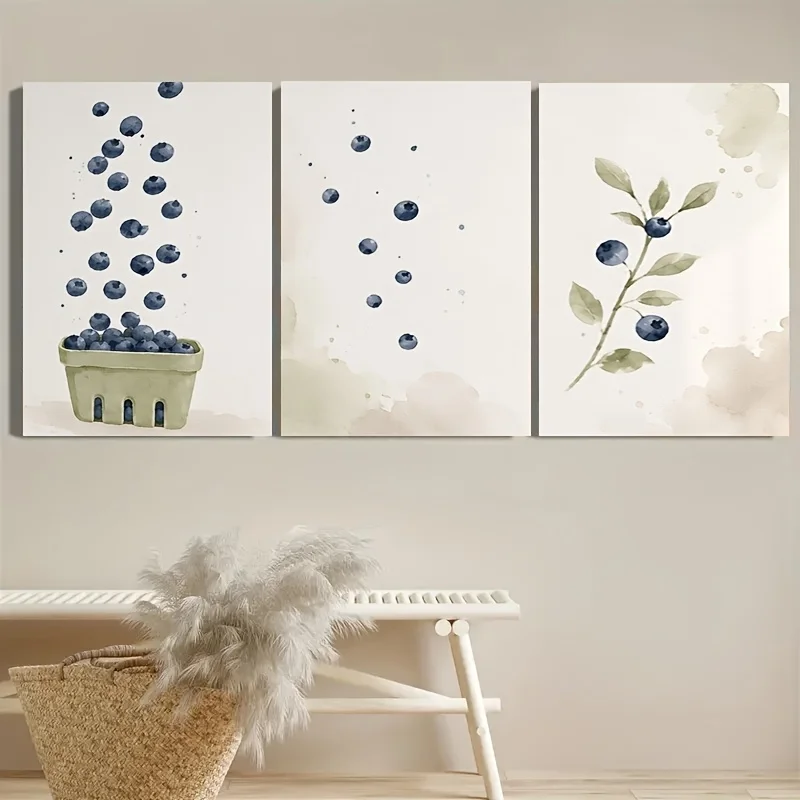 2D Flat, 2D Flat, Posters And Prints, less, 3pcs Blueberry Basket And Botanical Branch Watercolor Canvas Wall Art Set, Soft N