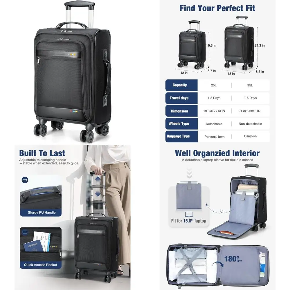

20-дюймовый чемодан для ручной клади Softside, одобренный авиакомпанией и колесами для мужчин и женщин — дорожный деловой чемодан черного цвета