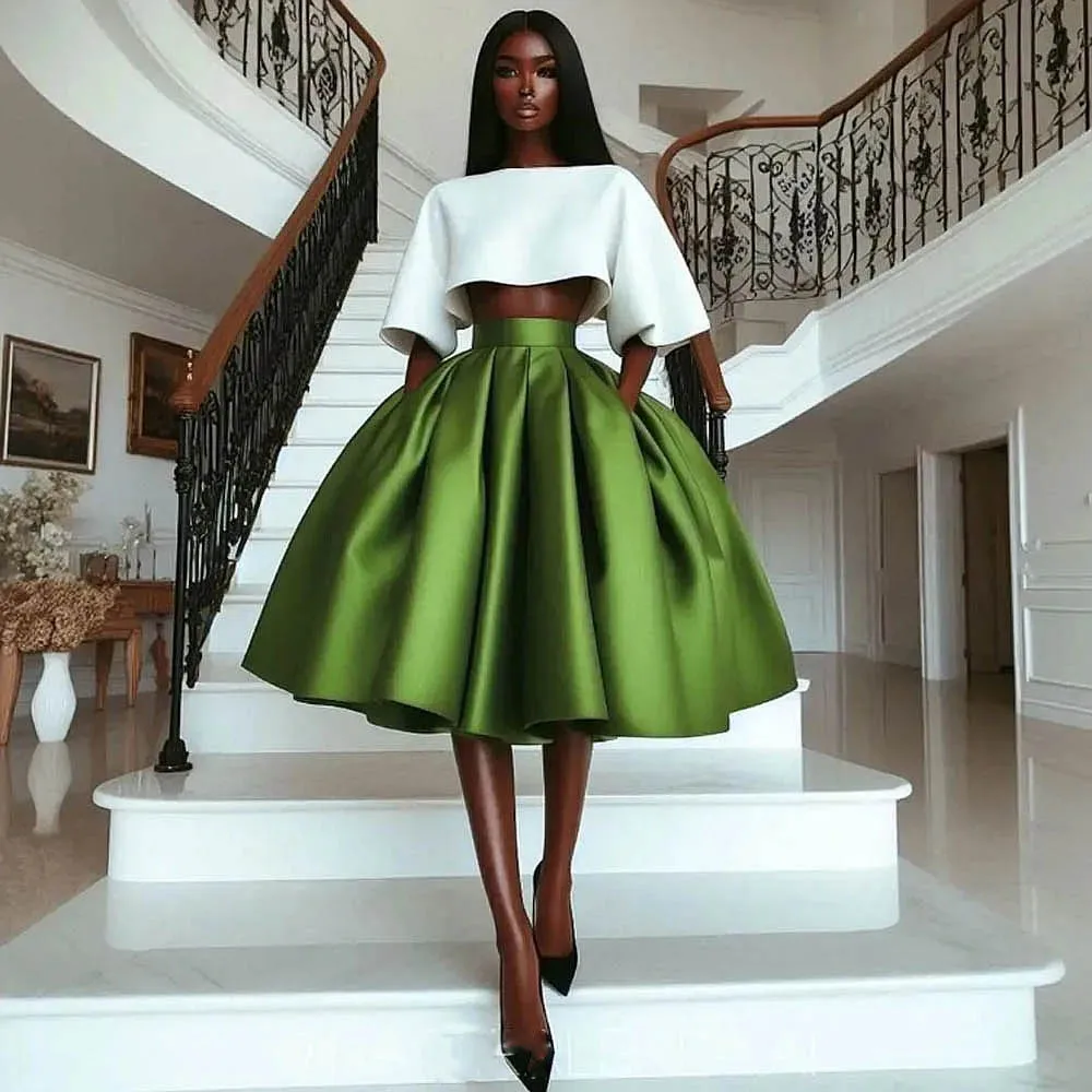 Green Satin Knee Length Women Skirt Pleats High Waist Evening Party Skirts Long Aso Ebi Black Girls Formal Birthday Skirt