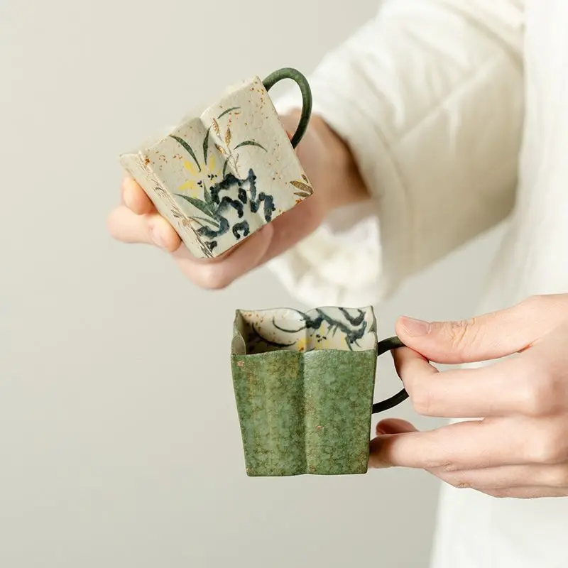 90ml ceramic tea cup hand drawn Chinese style Ink Orchid Wave Flower Cup for home use and drinking tea tasting preferred Gift