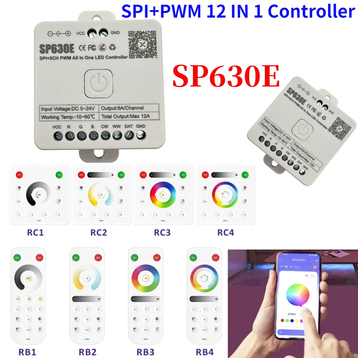 12 in 1 SP630E SPI Bluetooth LED Controller DC5-24V for WS2811 WS2812B SPI 5050 2835 Single Color RGB RGBW RGBCCT Strip Lights
