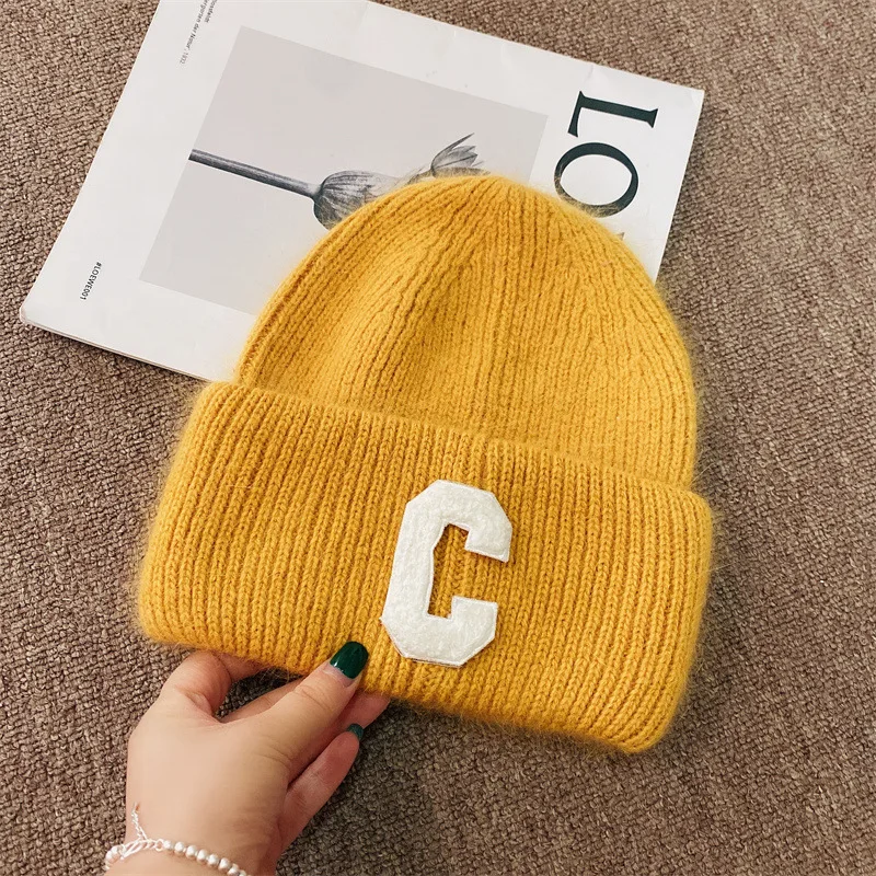 Luxury Brand Real Rabbit Fur Letter C Knitted Hat Women Winter Warm Beanie Casual Knit Men\'s Hat Soft Fluffy Ski Skullies Caps