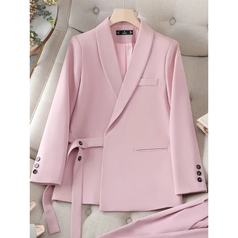 Jaqueta de manga comprida monocromática formal feminina, terno de escritório, blazer feminino com cinto, roupa de trabalho rosa, preta, roupa feminina, nova chegada