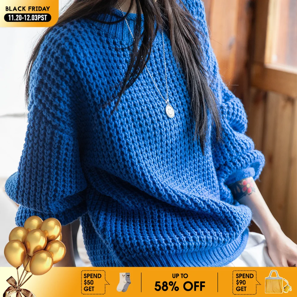 

MADEN Women Cornflower Blue Knitted Sweater 2024 New Autumn Winter Long Sleeve Curled Collar Knitwear Warm Pullover Sweater