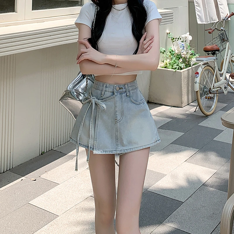 

Fake two-piece denim shorts female summer new A word pants high waist irregular foreign-style tie skirt pants spicy girl