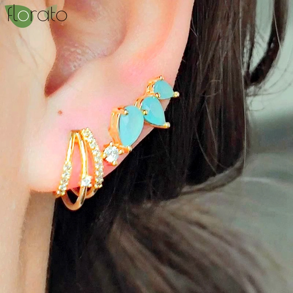 

925 Sterling Silver Needle Fashion Korean Chic Blue Zircon Stud Earrings for Women Teen Simple Color Piercing Jewelry Wholesale