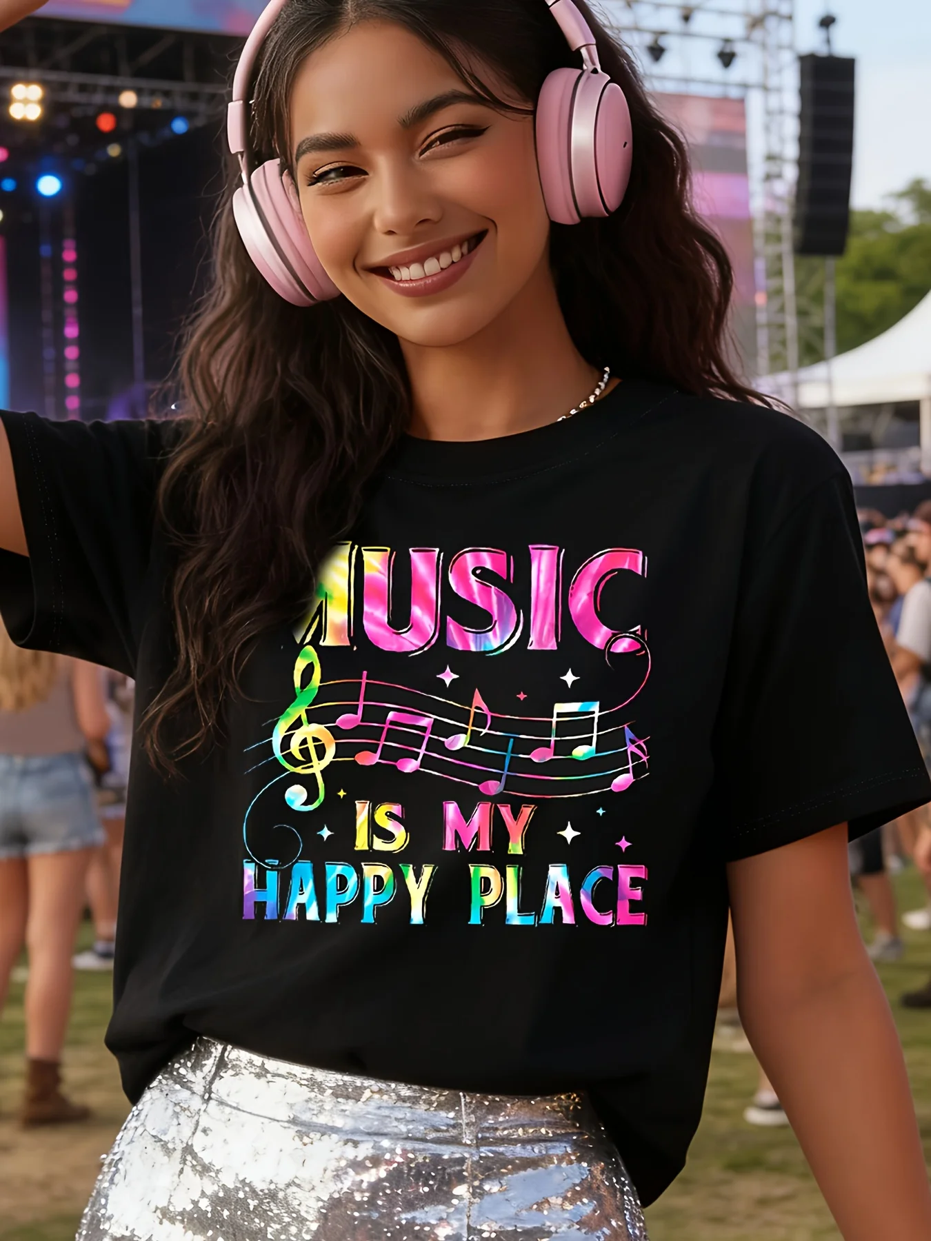 Music Is My Happy Place Women's Tee - Colorful Music Note Graphic, Casual Black Top