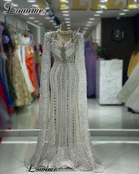 Kristaller ile arapça fildişi dantel abiye uzun kollu inciler özel durum elbiseler elbiseler De Soirée ünlü elbiseleri