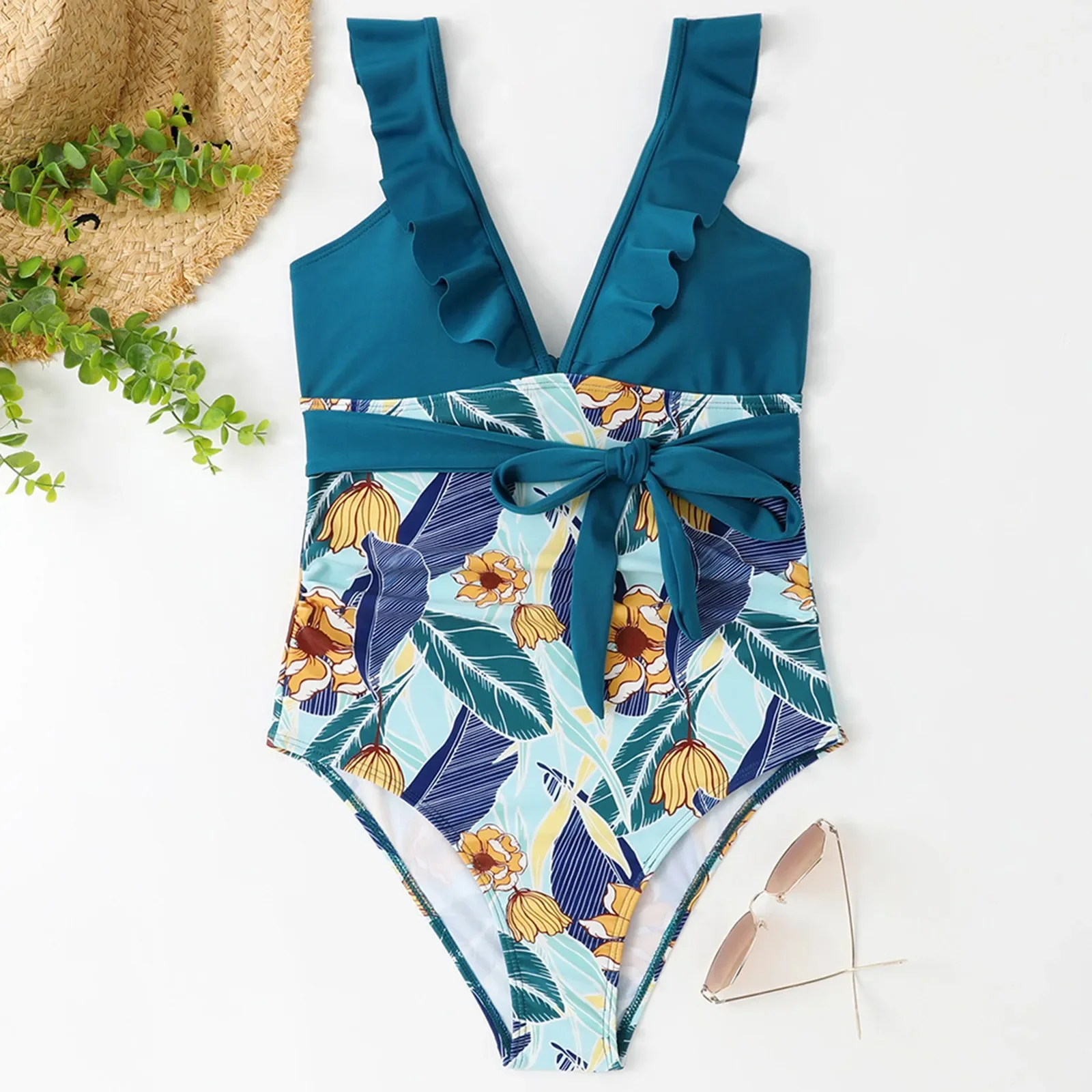 ملابس السباحة النسائية السرية المطبوعة مطابقة كشكش عارية الذراعين عالية الخصر السراويل مثير ملابس السباحة النسائية نادي الشاطئ حفلة كوبانليك