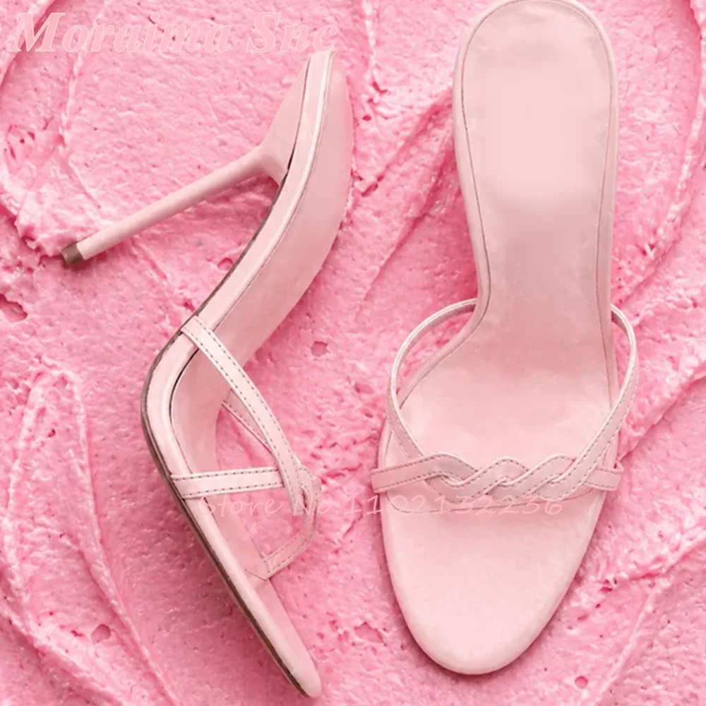 Baby Pink Braided Interlocked Wavy Strap Mule Sleek Stiletto High Heel Slides for Women Casual Sandals Summer Beach Vacation New