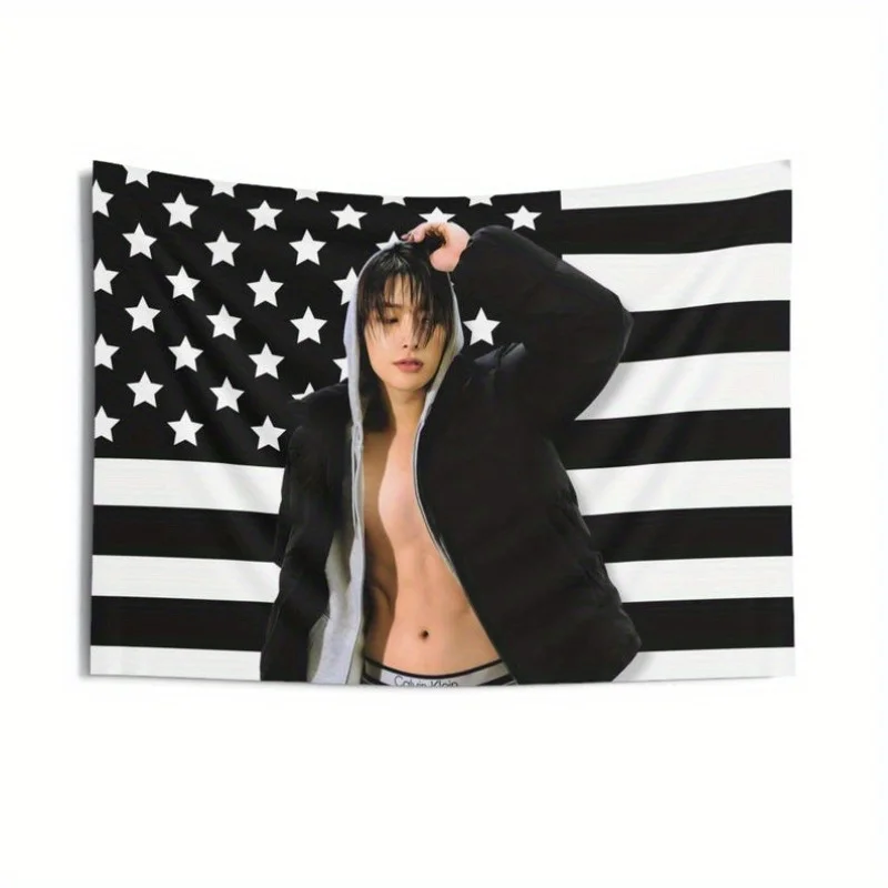 Ateez Mingi Abs Denim America Flag Banner Kpop Idol Tour Merch Concert Decor Gift for Atiny