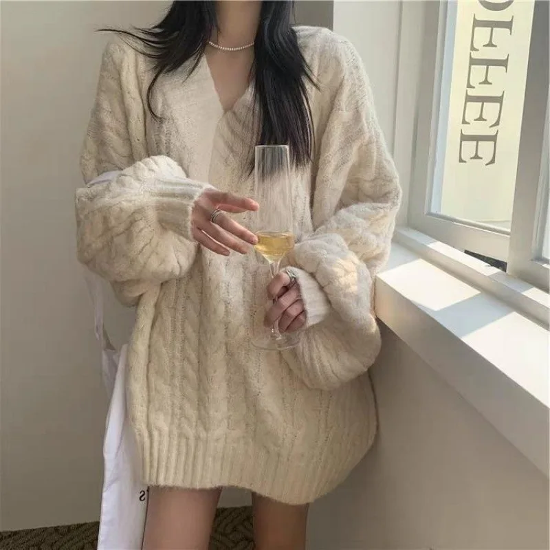 

Новые женские толстовки, модные вязаные пуловеры большого размера с v-образным вырезом, корейский трикотаж с длинными рукавами, осень-зима, повседневные свободные джемперы