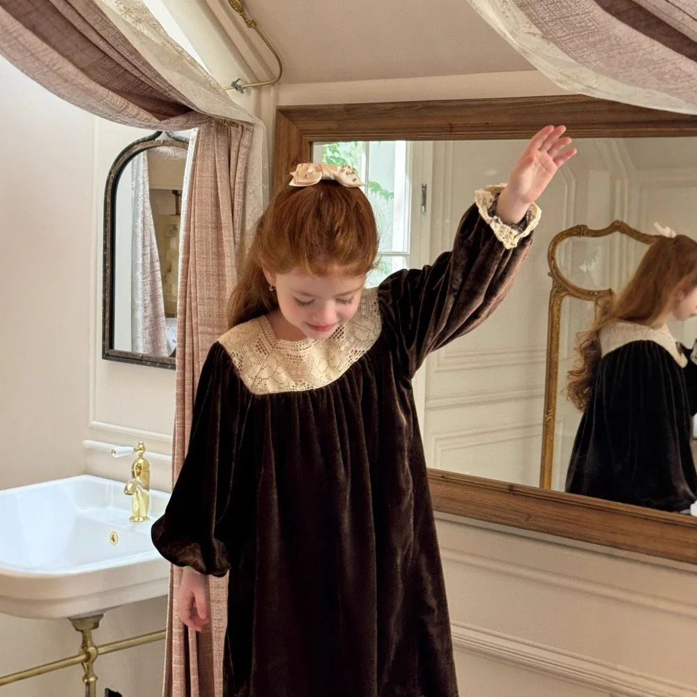 

Autumn Children Girl Princess Dress Cotton Lace Square Collar Kid Babys Girls Dress Loose Velvet Long Sleeve Toddler Girls Dress