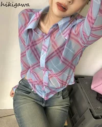 Summer Blouse for Women Fashion Plaid See Throught Shirts 2023 Blusas Mujer De Moda Crop Tops Korean Tunic Sexy Y2k Top 27p423