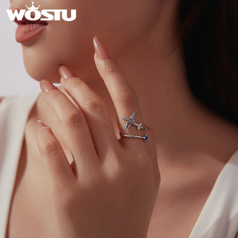 WOSTU Platinum Plated Creative Airplane Star Ring For Women, Travel Open Adjustable Finger RingS Hypoallergenic Jewelry Gift