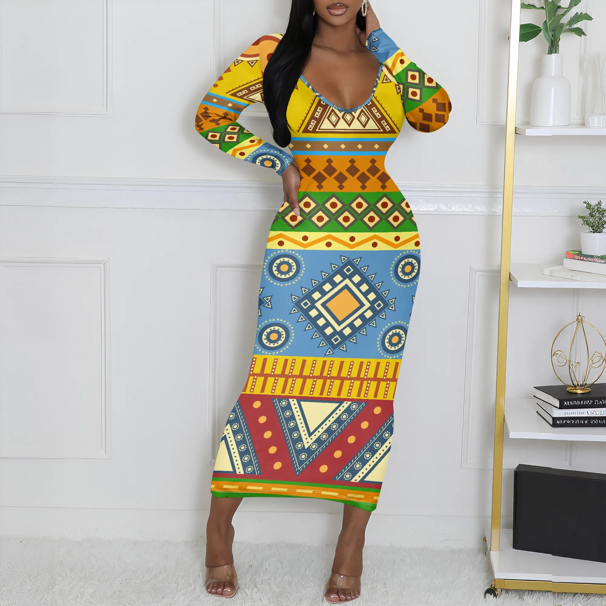 

Women's A utumn Long- Sleeved 3D Printed Geometric Printed Striped Sexy Long- Sleeved Dress