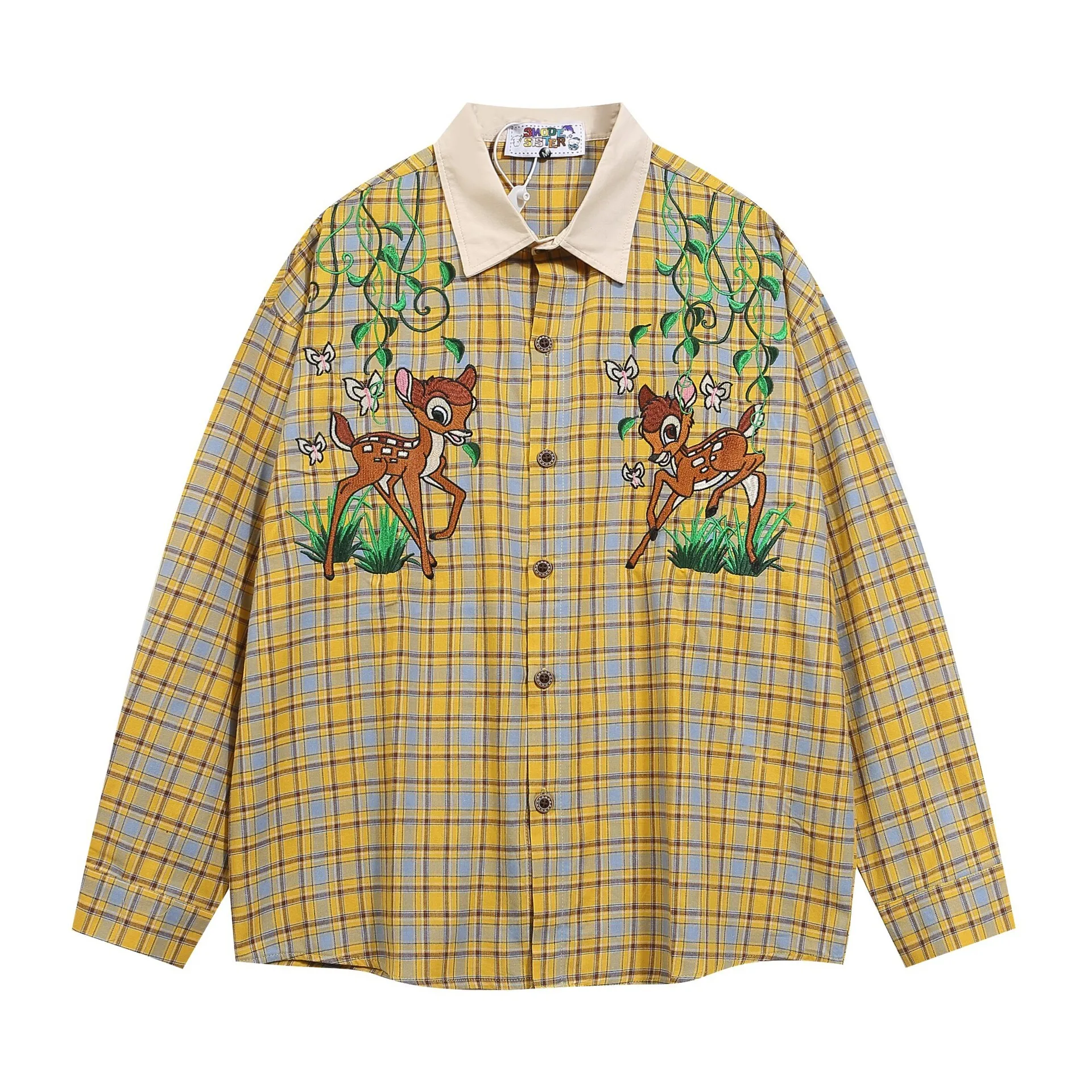 Autumn Embroidered Deer Shirt Long Sleeved Shirt Formen High Street Versatile Casual Plaid Shirt Jacket Unisex Clothing