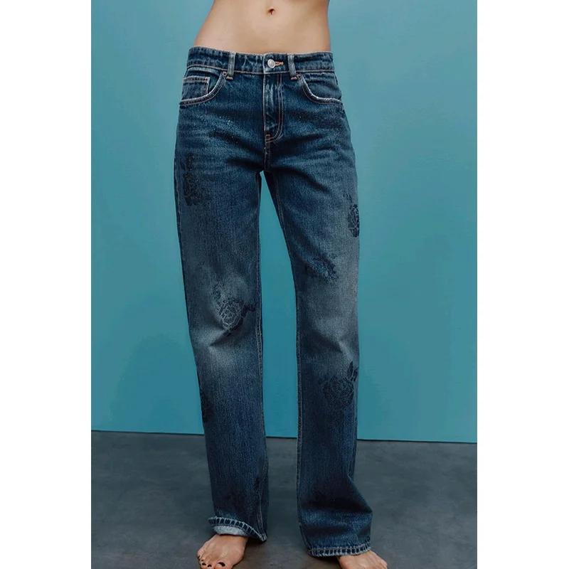 Printemps nouveau femmes décontracté Floral singe strass décoré coton jambe large jean taille haute coupe ample pantalons longs