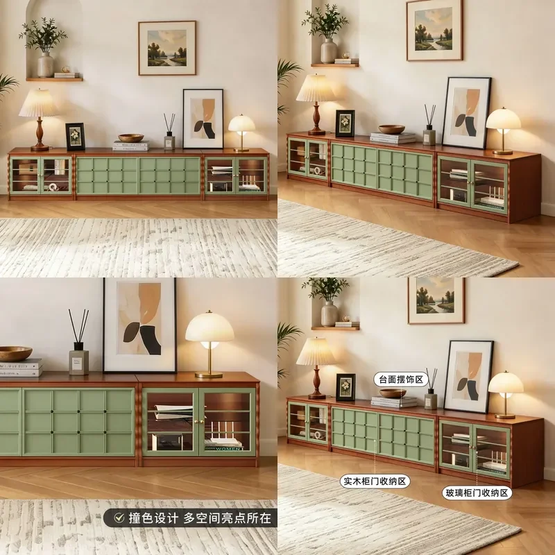 Modular Solid Wood TV Stand Medieval Checkerboard Skeleton Design Living Room Storage Cabinet Home Furniture