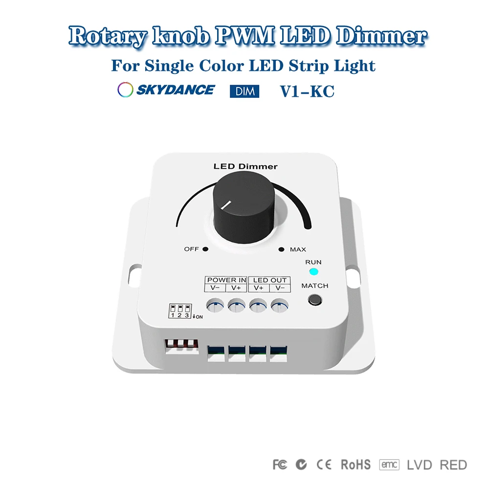

Skydance V1-KC DC12-48V Поворотная ручка 8A ШИМ светодиодный диммер Регулируемая яркость Контроллер для одноцветной светодиодной ленты