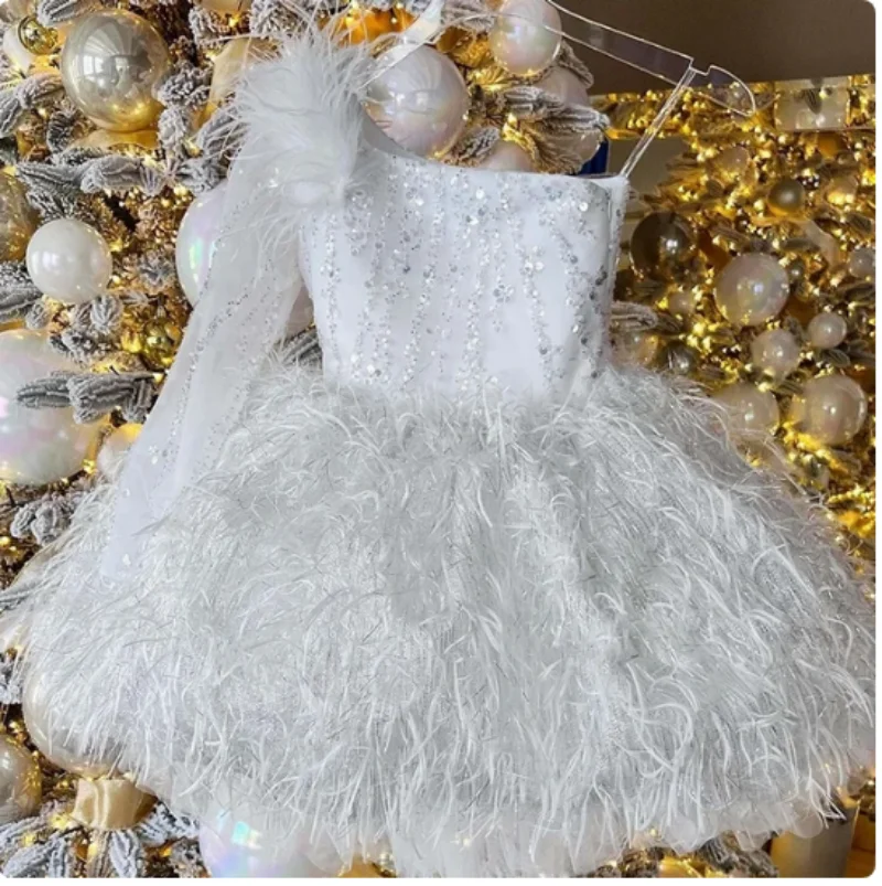 

White Birthday Party Dress Princess Sequin Flower Children Piano Host People Evening Dress Girls Dress Tutu Photoshoot