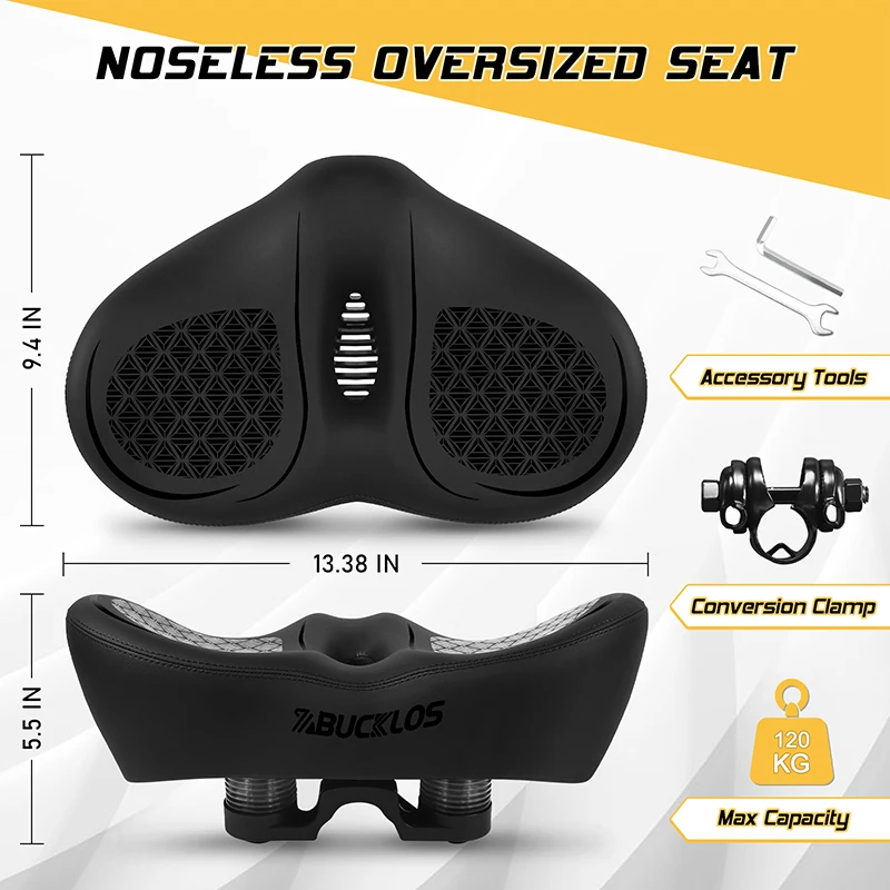 BUCKLOS Oversized Bike Saddle Widen Thicken Bicycle Saddle Noseless Mountain Bike Seat Cushion Breathable Exercise Bicycle Seat