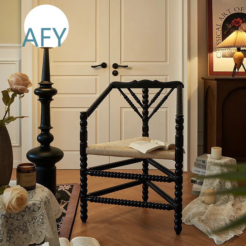 Vintage French Style Solid Wood Corner Chair for Makeup Vanity Desk Lounge Seating Balcony Living Room Photo Studio Decor