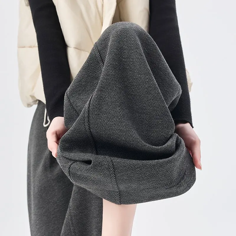 Calças Femininas de Perna Larga com Forro, Cintura Alta, Calças Longas, Primavera 2026, Novo Estilo Casual em Acetato de Lã Xadrez