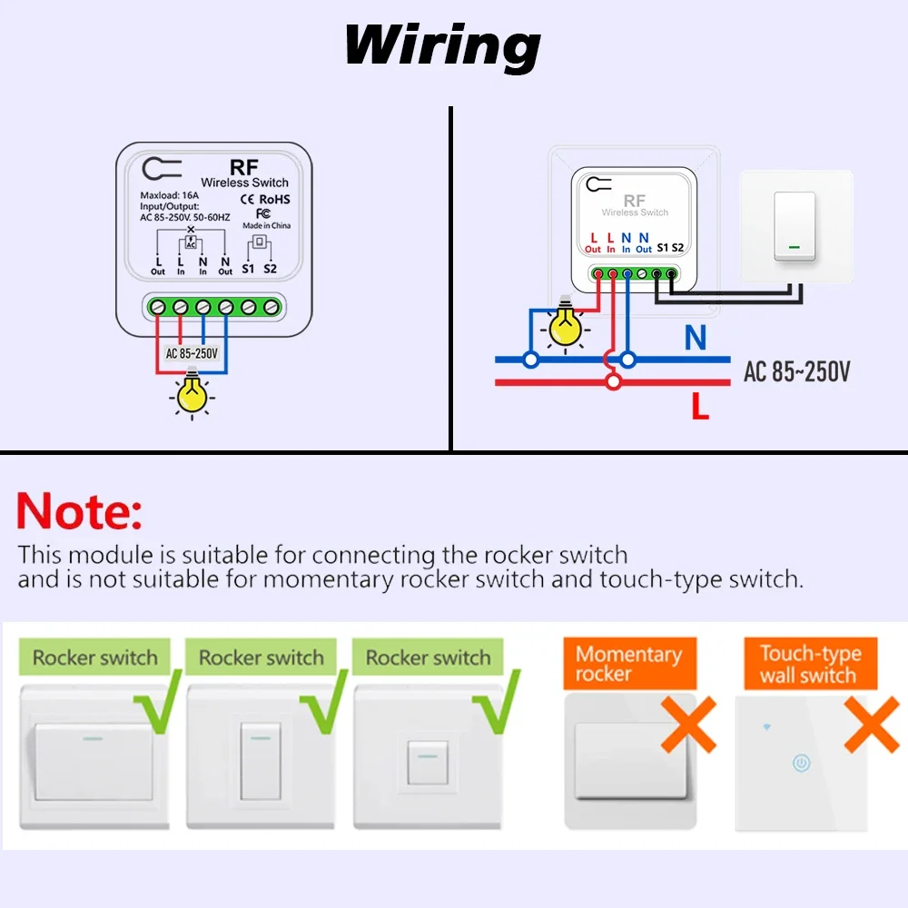 RF433Mhz Wireless remote control light switch 110V 220V 16A wall box 2-way control mini, 50m transmitter,lazy delay off function