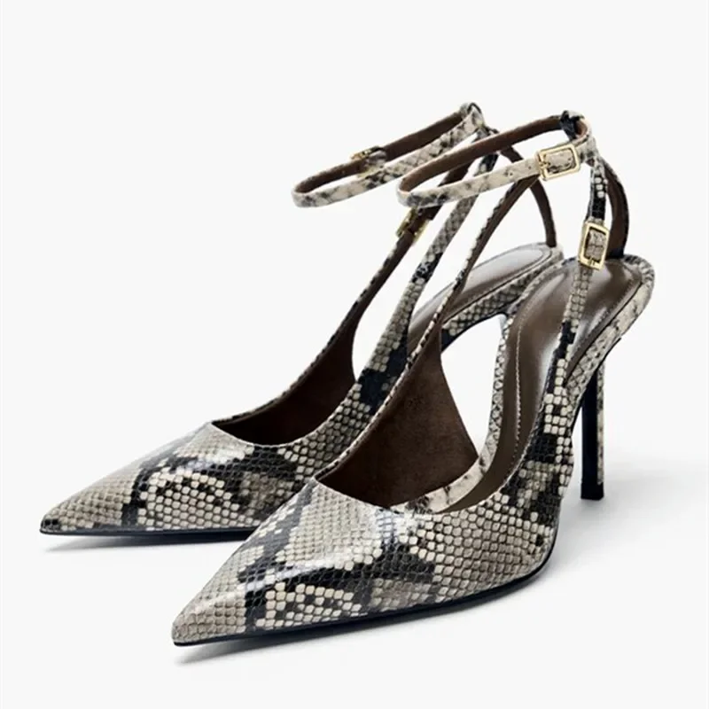 Zapatos de tacón sexis con punta estrecha para mujer, sandalias con correa en el tobillo, diseño de serpiente, zapatos elegantes de oficina, zapatos de fiesta, tacones altos de marca a la moda para mujer
