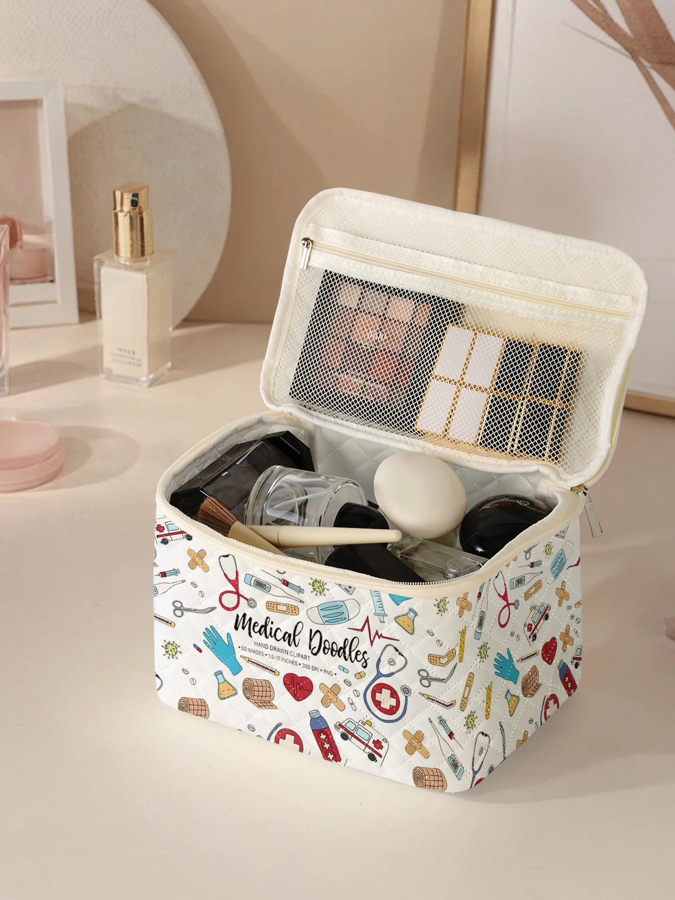 1pc，Portable travel cosmetics with medical supplies patterns, large capacity travel storage bags, cute and stylish makeup bags