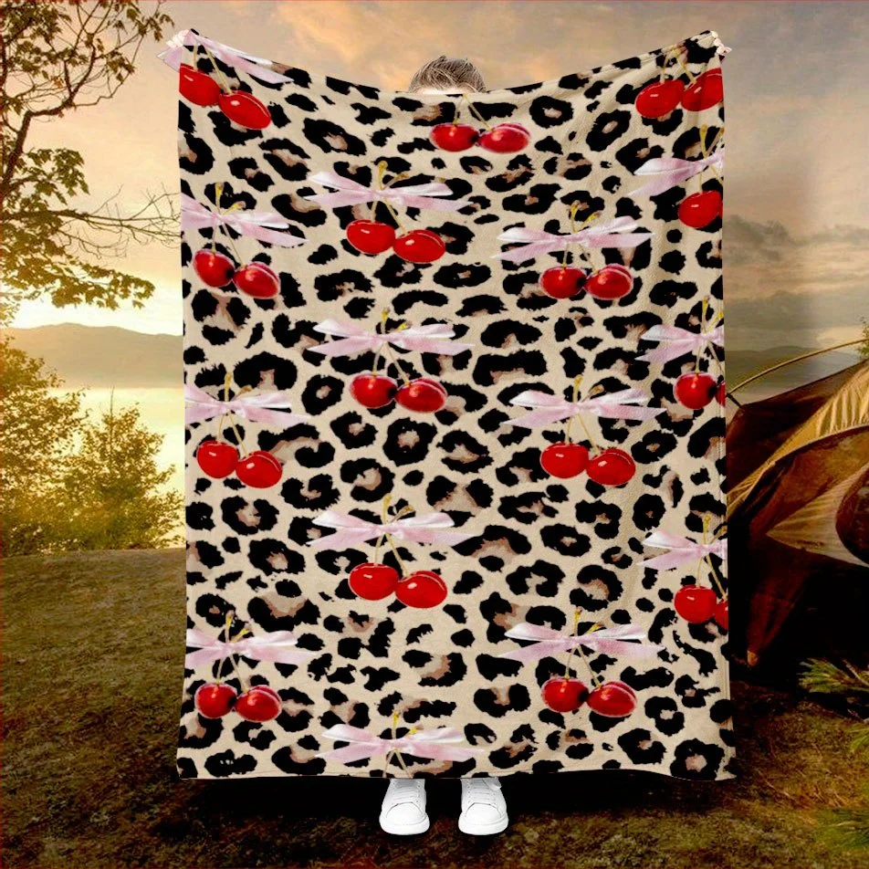Cherry Leopard Glam Blanket Reversible Flannel Throw for Bold Style AllSeason Comfort Fruity Fierce Gift