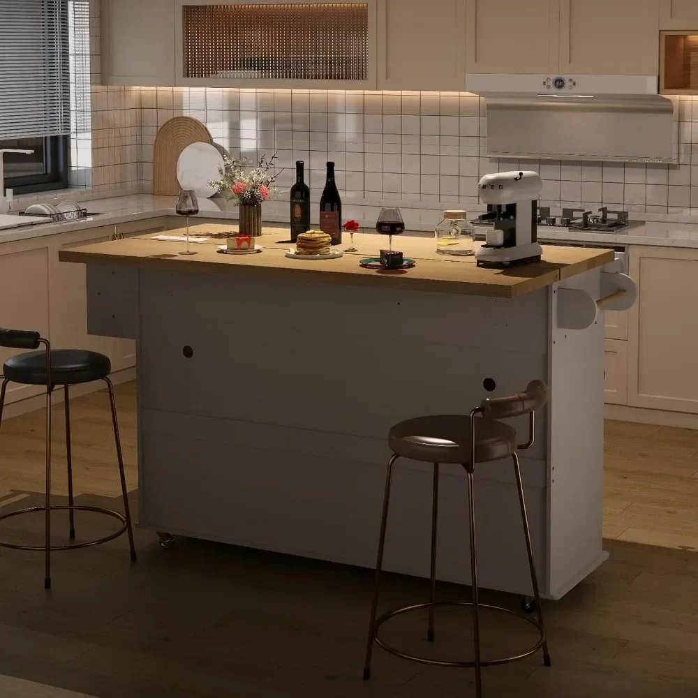 

A Kitchen Islands Table，Mobile Kitchen Island With Drop Leaf, 60" Wide Home Carts With Spice Rack & Towel Rack, Drawers