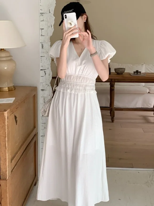

Ele Pleated Bubble Sve Dr Women's Summer New Gentle Waist Cinching White Long Skirt Commute Sle Regular Fit Mediu...
