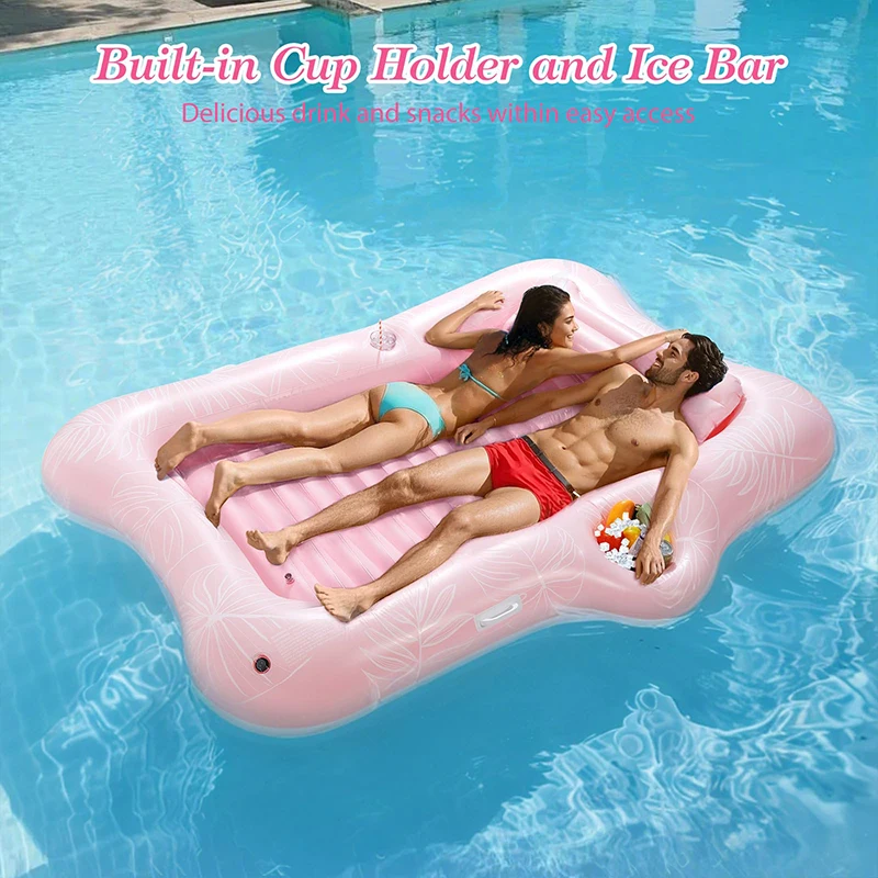 Outdoor Water Large Tanning Bed Pool Float Raft Double Size Floating Bed Inflatable Lounger with Drink Holder Ice Bar Pillow