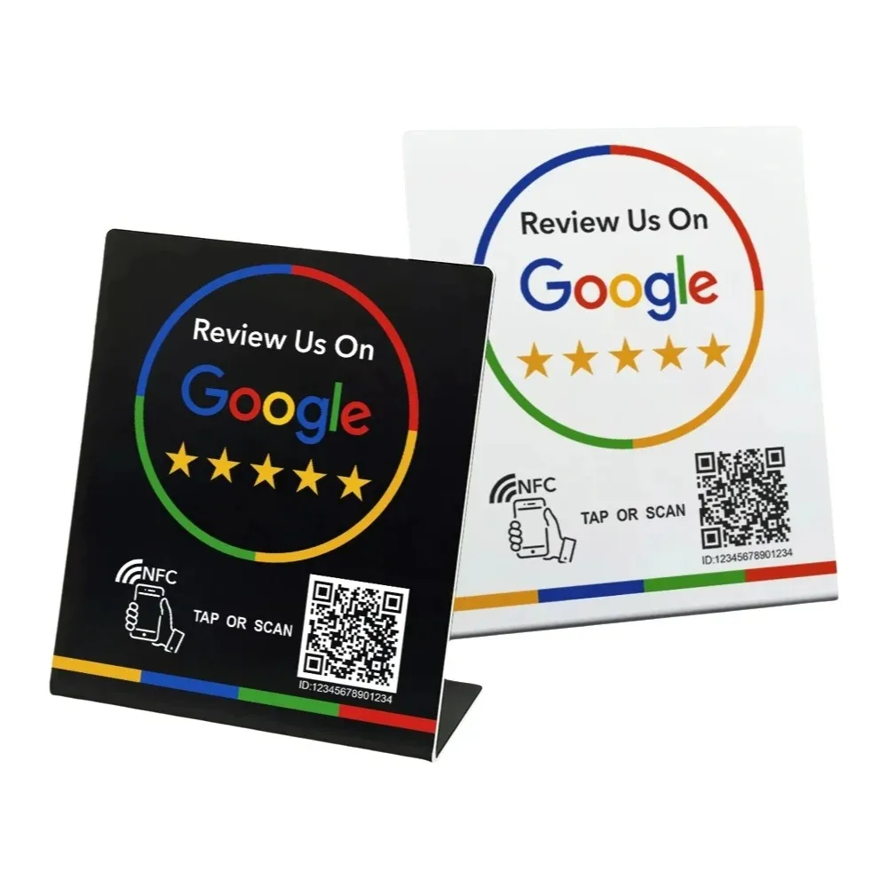 Nfc 215 código QR programável Cartão de Revisão do Google Mesa de estação NFC NFC Google Reviews exibem cartão dobrável suporte de marca em pé