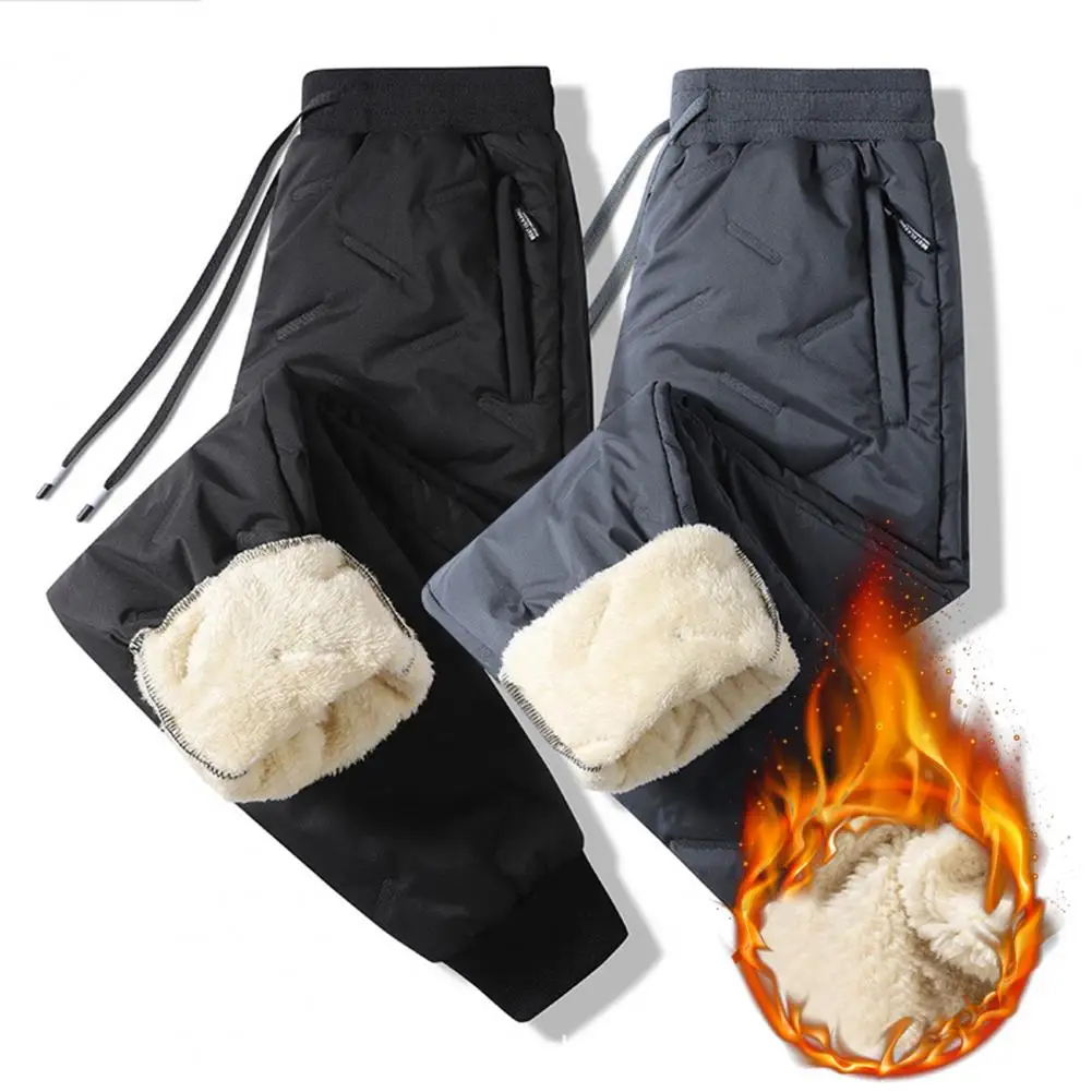 

Men Cotton Pants Plush Elastic Waist Thick Heat Retention Drawstring Plus Size Winter Lambswool Cotton Trousers Male