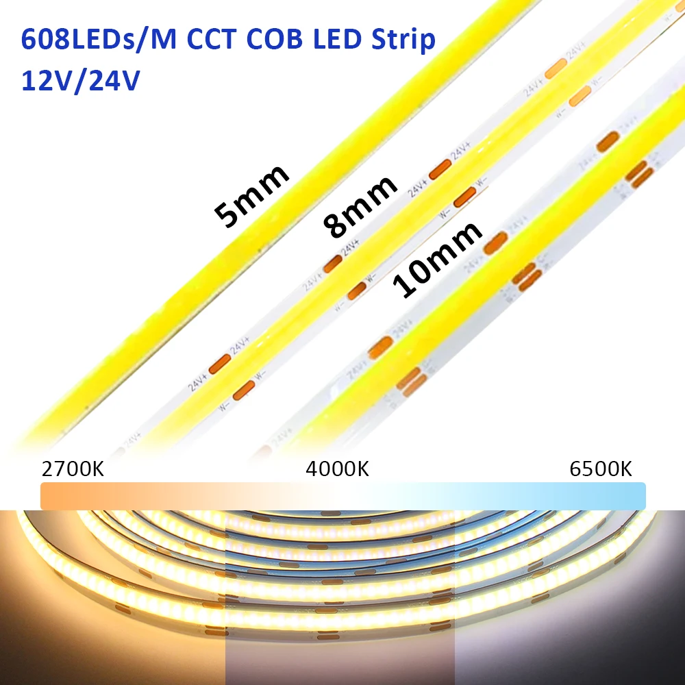 

Светодиодная лента COB CCT DC 12В 24В, 5мм 8мм 10мм, 608 светодиодов/м, 2700K-6500K, двухцветная, RA90, диммируемая, линейная лента-светильник