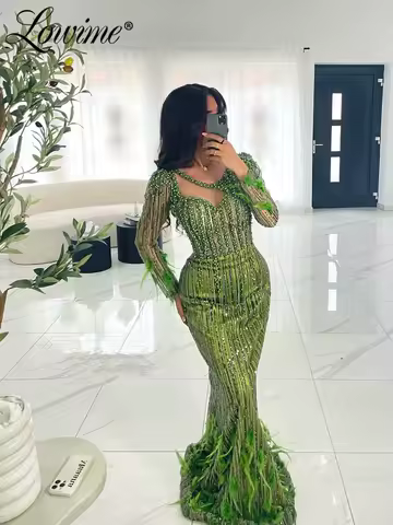 2026 Green Feather Long Sleeve Party Dress Wedding Beaded Sequins Mermaid Evening Gowns Customized Pearl Saudi Arabia Prom Dress