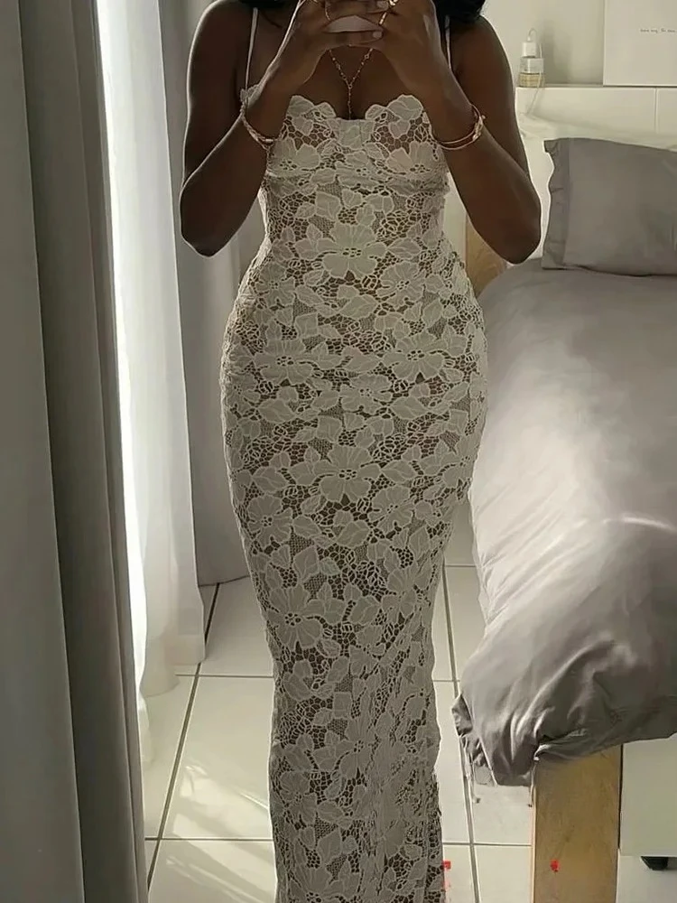 KONDALA Vintage Sexy Chic dentelle femmes robe blanc solide sans manches fermeture éclair dos fourche Cami robes mode 2025 longue robe de soirée