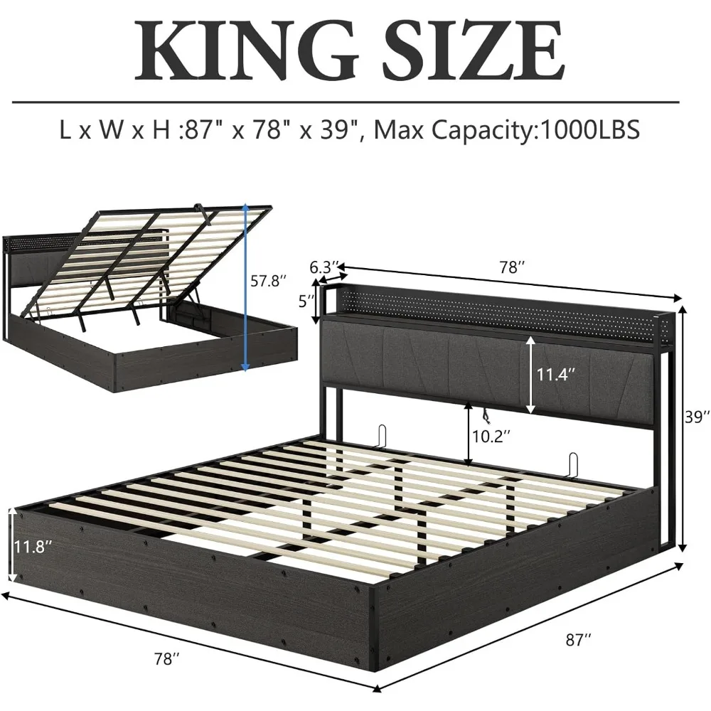 Kingsize Lift Up Opbergbedframe Met Rgb Led-Lichtplatform Met Laadstation/Linnen Gestoffeerd Hoofdeinde/Geen Boxspring