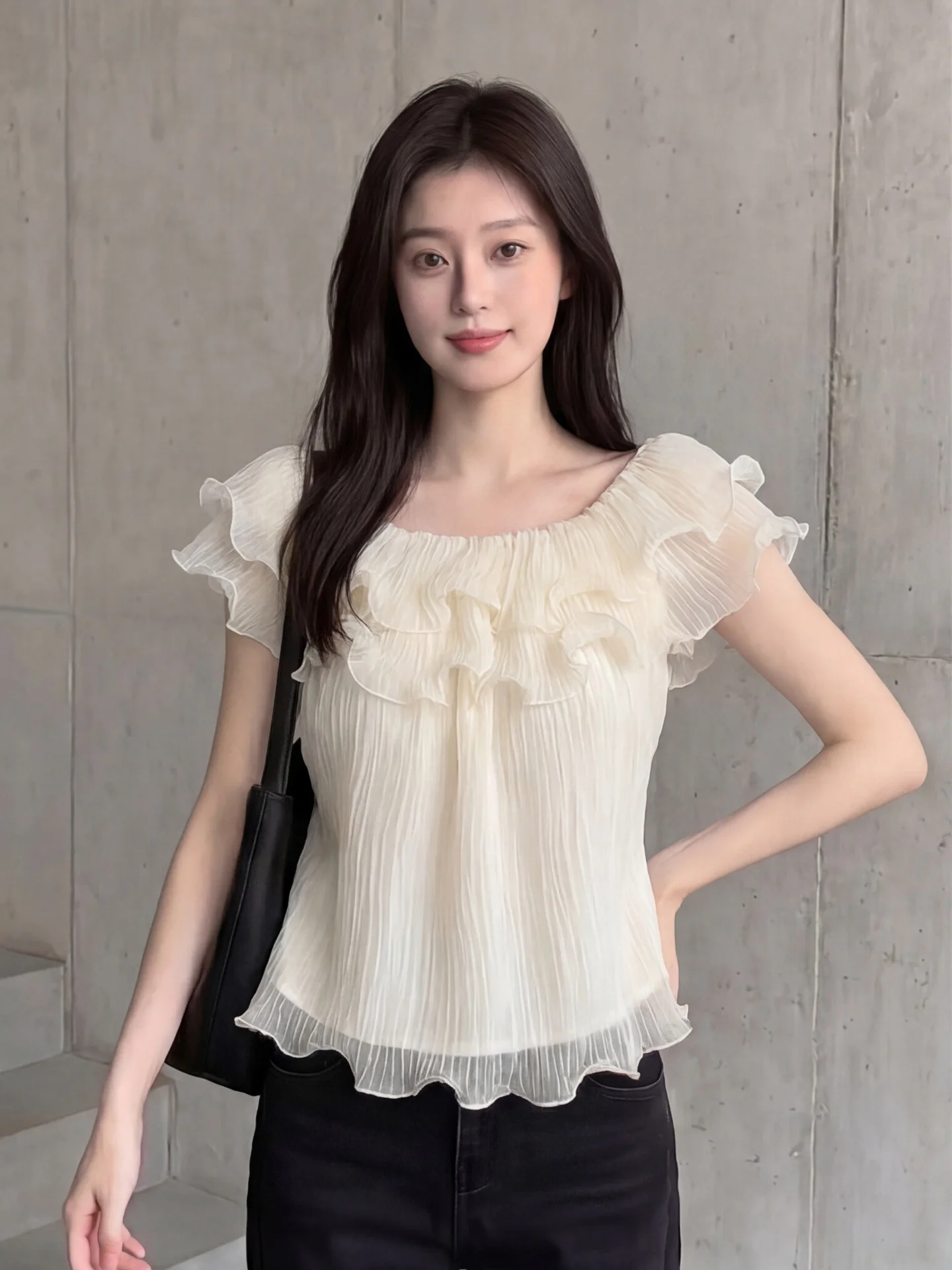 

Cherry Blossom Colored Asymmetrical Shoulder Lace Trim Shirt Women's Summer New Style Fashion Pleated Wooden One Shoulde...