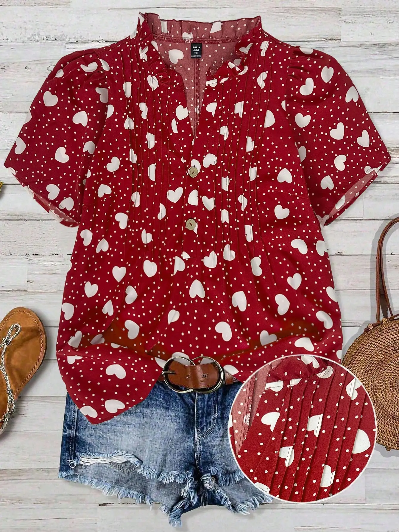 

Red White Heart & Polka Dot Ruffle Collar V-Neck Puff Sleeve Blouse