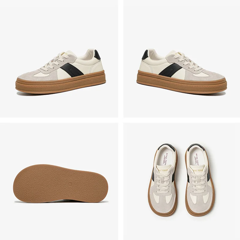 BEAUTODAY أحذية رياضية كاجوال للنساء جلد البقر المدبوغ سبليت ستوكات المرقعة أحذية الدانتيل متابعة الإناث المدربين اليدوية 29768 #6