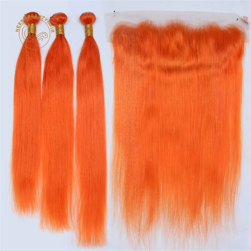 Orange Human Hair Extensions with Lace Frontal Ginger Orange Colored Hair Bundles with 13x4 Straight Frontal Remy Brazilian Hair