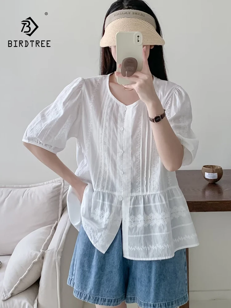 New Summer Cotton Casual Short Sleeve Shirt Women O Neck Embroidery Tops Girl Loose Commute Sweet Blouses 2024 Autumn T45951QC