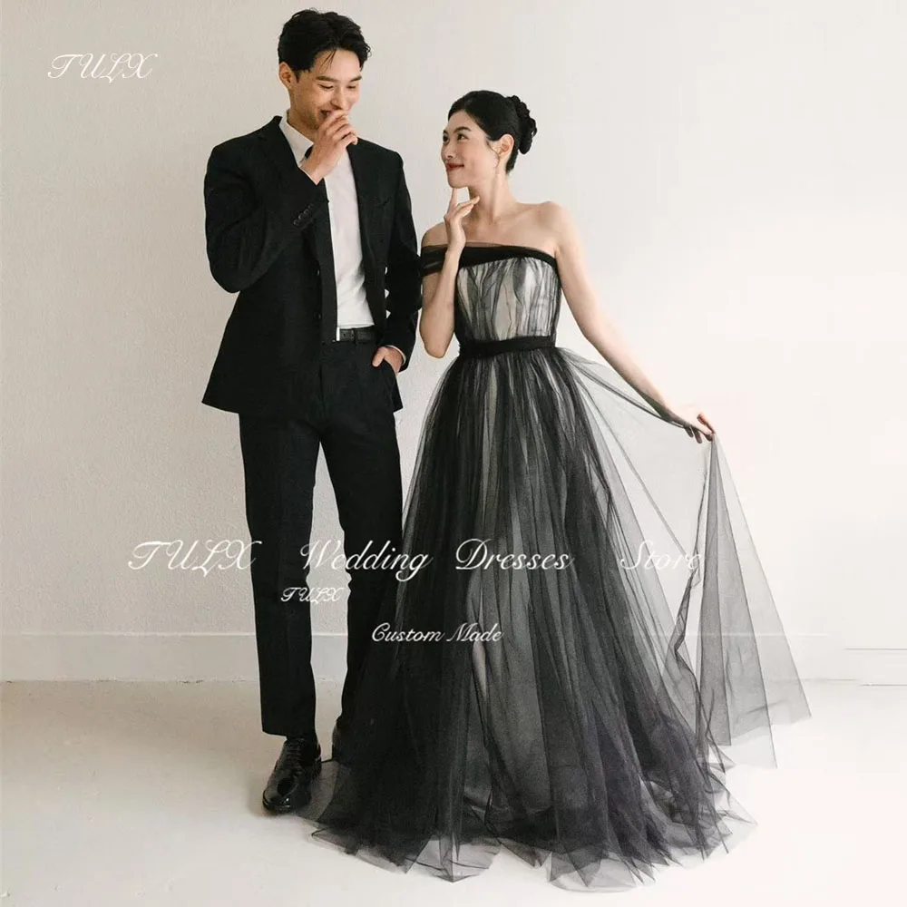 

TULX Fairy Black Tulle Evening Dress Adjustable Shawl Korea Weddin Photo Shoot Floor Length Formal Party Dresses Customized 2025