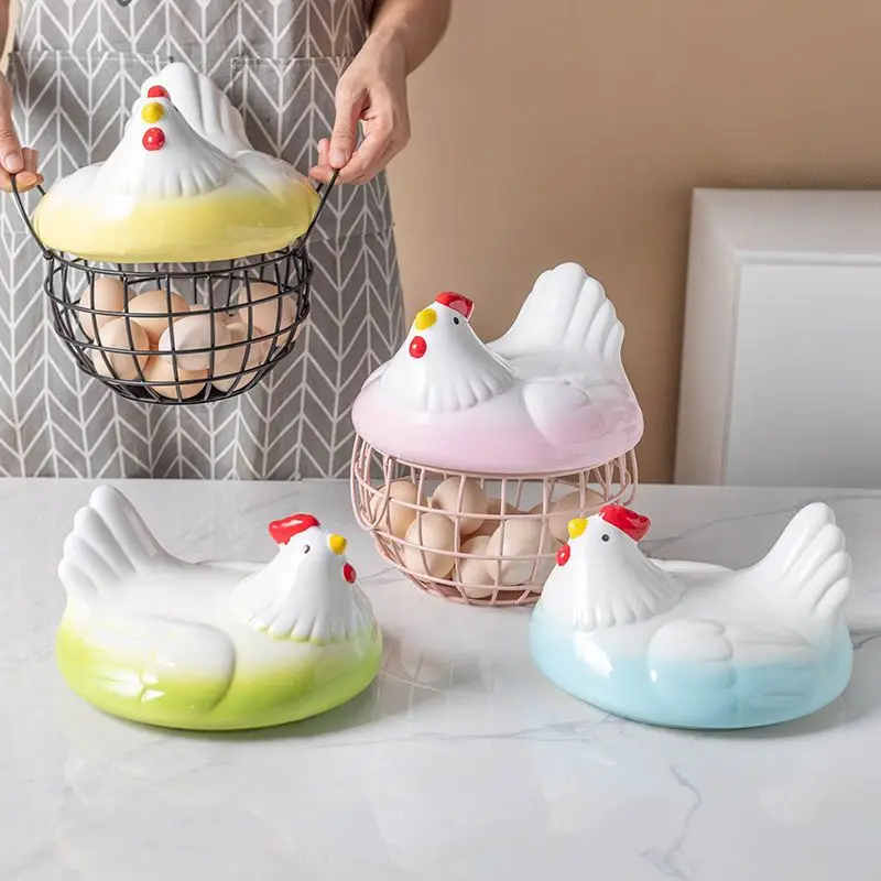 Ceramic egg basket,  fruit storage, kitchen storage, wrought iron covered storage basket, decorative basket