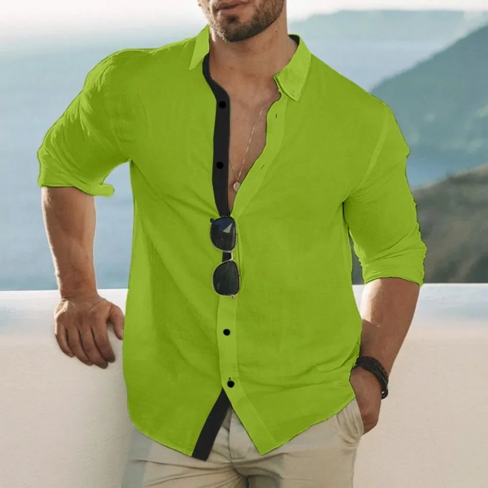 

New Men's Solid-color Shirt, Lapel Suit, Long-sleeved Casual Patchwork Solid-color Top, Linen Long-sleeved Shirt