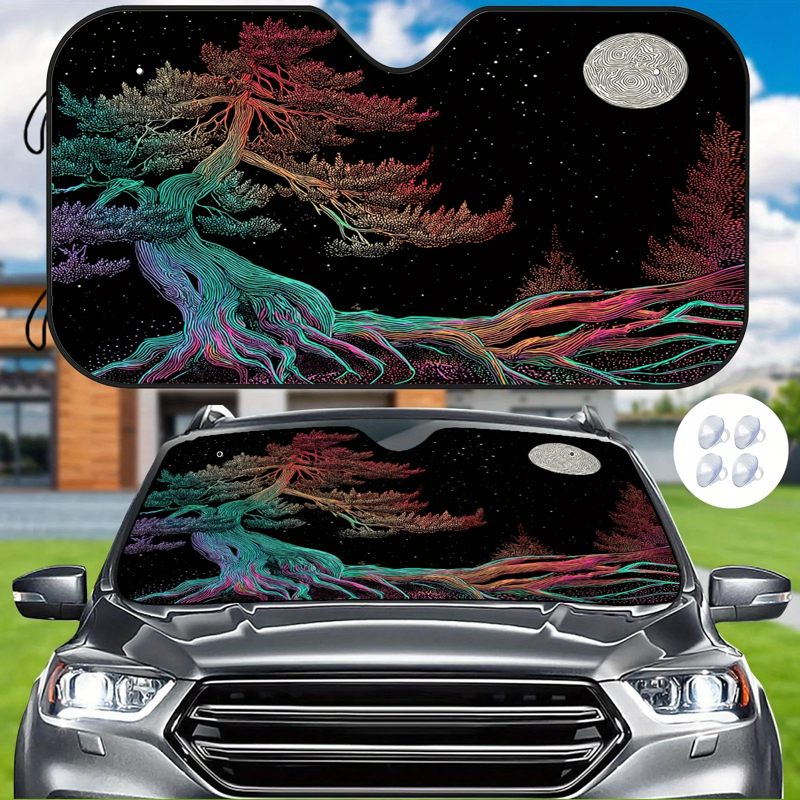 Colorful Tree Night Scene Line Drawing Car Sunshade, Artistic Illustration Style, Heat Insulation And Anti-Scorching, Keeps The
